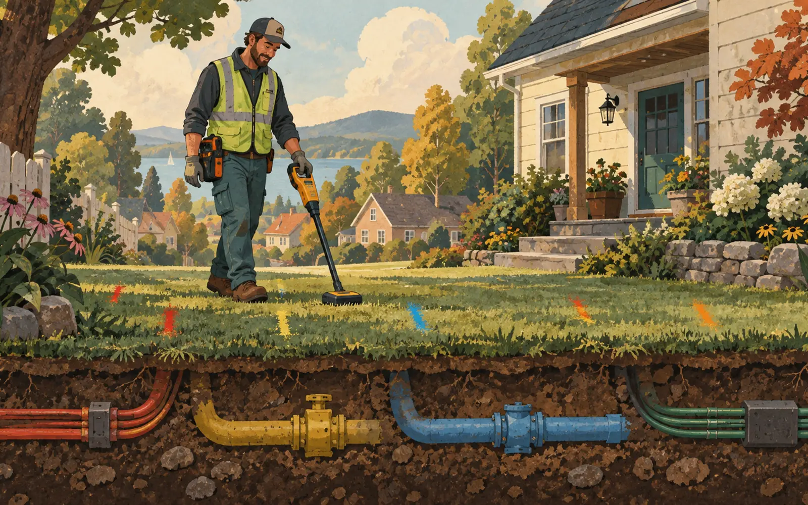 A utility locator on a grassy property with a cutaway of buried lines — promotional concept art