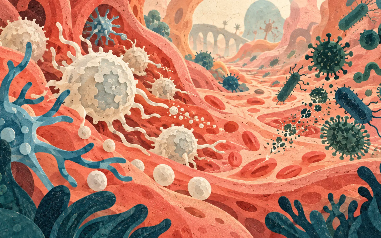 Illustrated immune cells and microbes among coral-colored tissue — promotional concept art