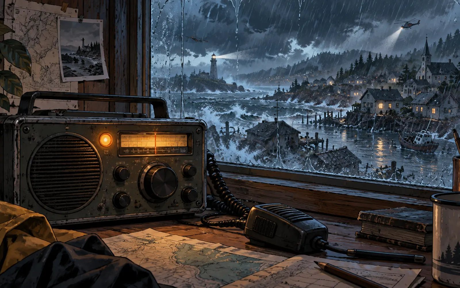 An emergency radio beside a rain-streaked window overlooking a storm-battered coast — promotional concept art