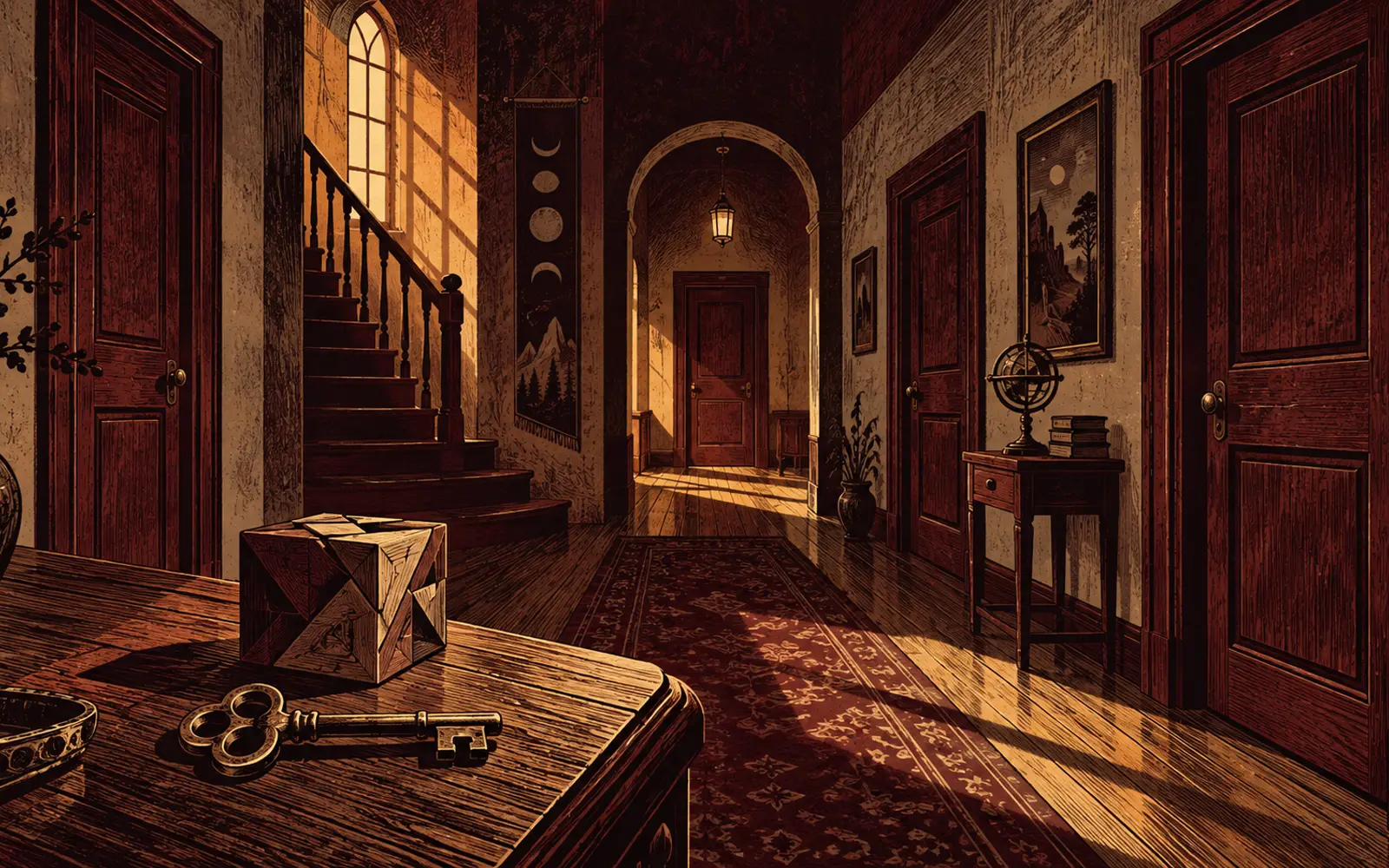 A quiet hallway of wooden doors, keys, and puzzle objects — promotional concept art